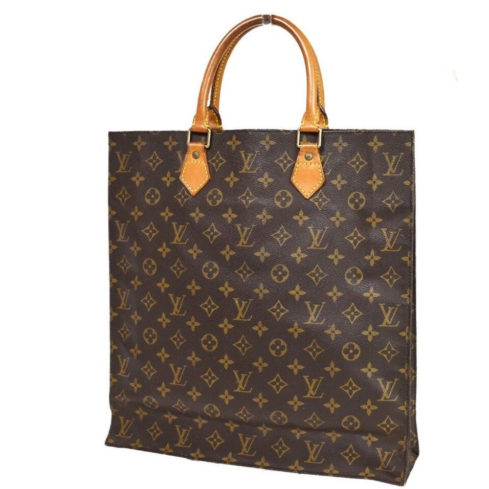LOUIS VUITTON Logo Sac Plat Hand Tote Bag Monogram Leather Brown - Picture 6 of 15
